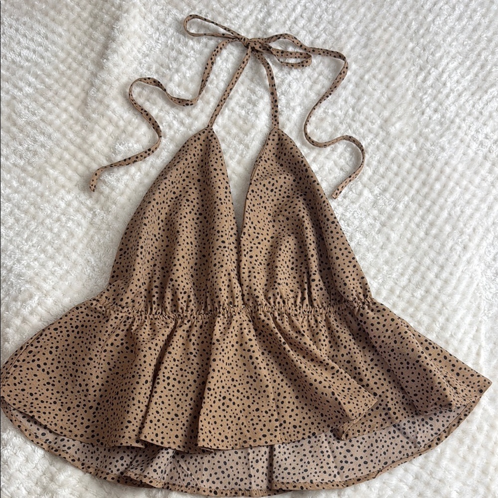 Tan and Black Spotted Halter Ruffle Crop Top Size L